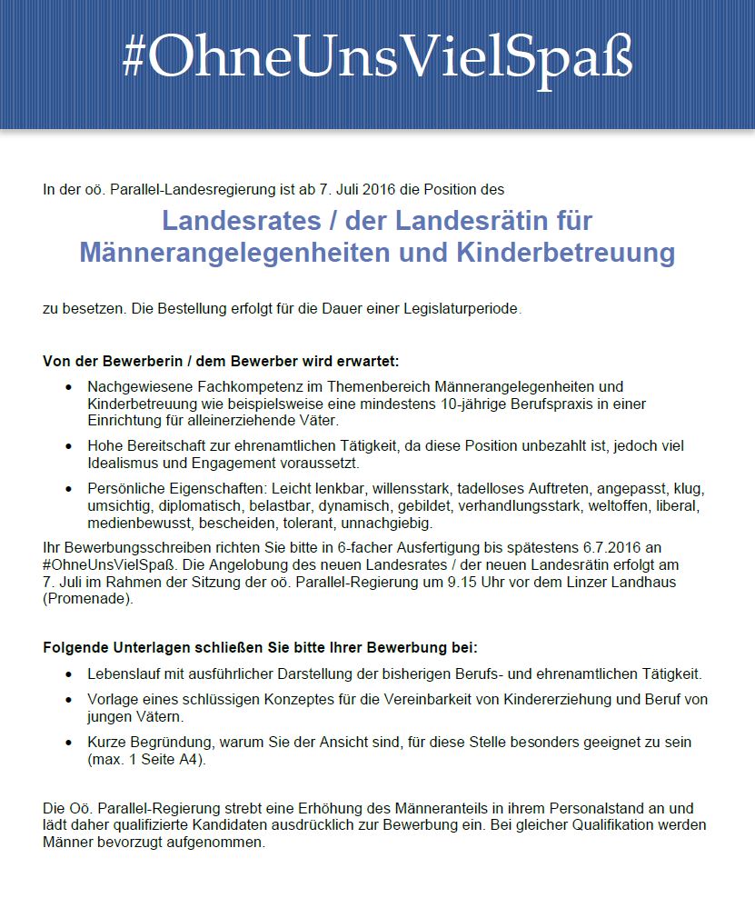 Parallel-Regierung sucht LandesrätIn für Männer-Angelegenheiten